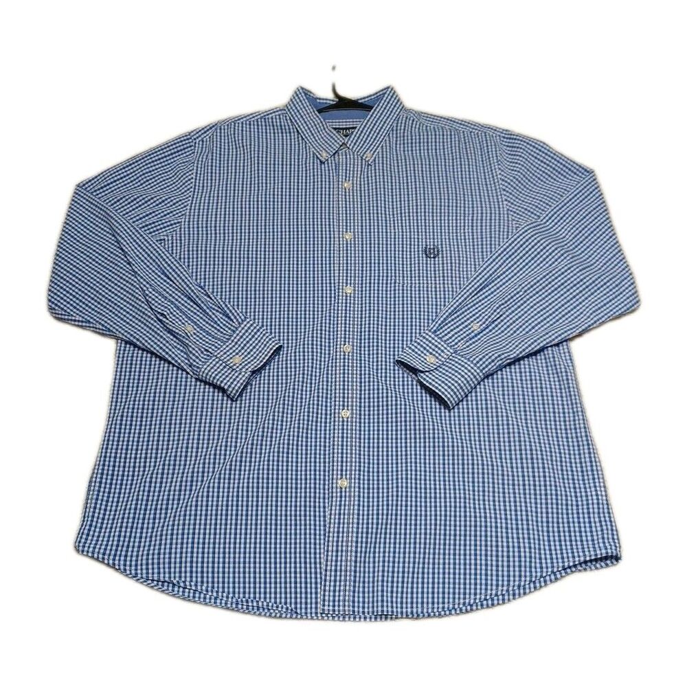 Chaps Mens XL Shirt Stretch Easy Care Blue Checkered Button Down Preppy Dad Tee
